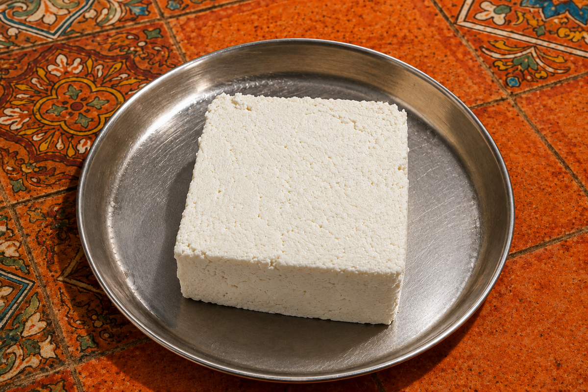 A freshly pressed round of paneer resting on a steel plate on hand-painted tiles