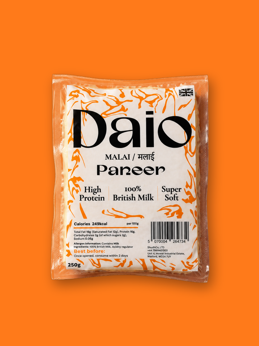 A sealed 250g packet of Daio Malai Paneer on an orange background